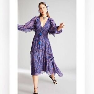 Boho Maxi Dress Long Sleeve Ruffle Trim V Neck Tiered Floral Print‎
